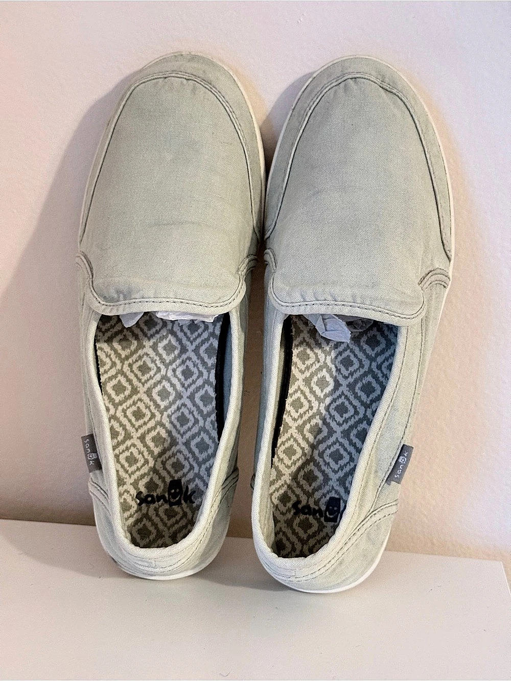 Sanuk Donna Grey Canvas Slip-On Loafers Sneakers Green & White US 8